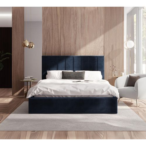 Bett KAJA 140x200 cm Polsterbett mit Lattenrost aus Metall Bettkasten Samt Paris deep blue