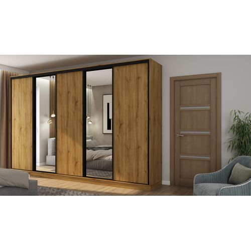 Schiebetürenschrank 5D/380, Eiche Whisky, mit Spiegeln – Schwarz-Beschläge