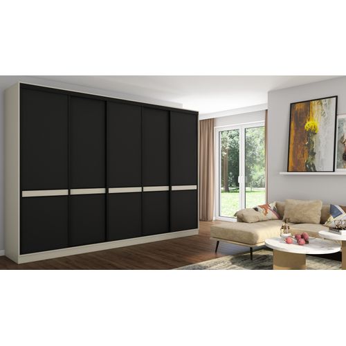 Schwebetürenschrank 5D/340 in Kaschmir-Beige, Schwarz, Premium-Beschläge, 340x244x66 cm