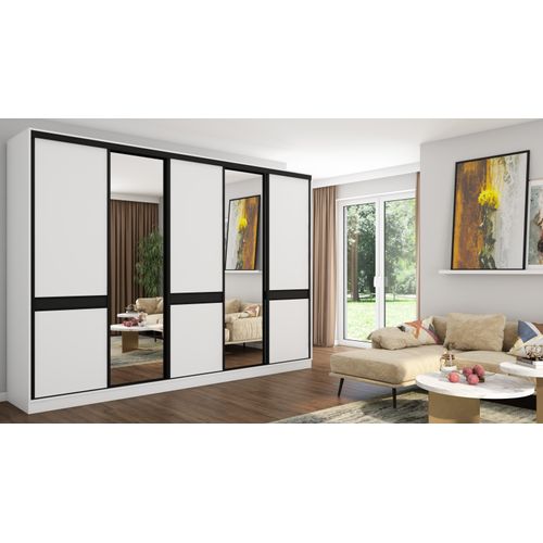 Großer Schiebetürenschrank 5D/340 in Weiß mit 2 Spiegeln – Schwarz Beschläge