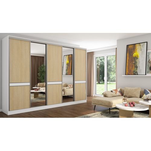 Schiebetürenschrank 5D/340 in Weiß/Eiche Gaja LAMELE mit Spiegeln und Premium Beschlägen
