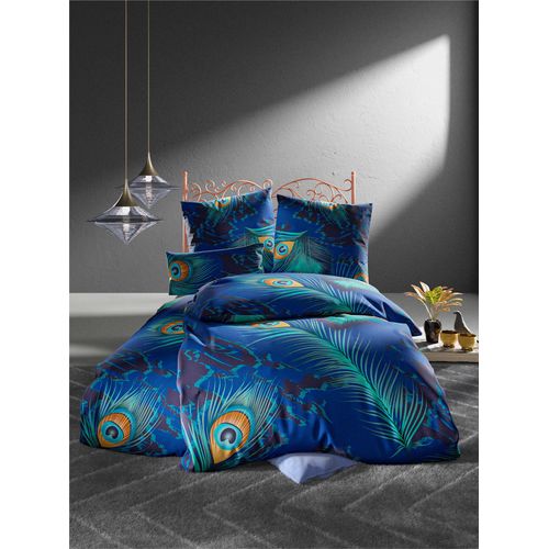 Bettwäsche WÄSCHEPUR Gr. 3, bunt (royalblau, blaugrün, bedruckt), B/L: 155cm x 220cm, 2-teilige Garnitur St., 2-teilige Garnitur St., Mako-Satin, B/L: 80cm x 80cm, Mako-Satin, 100% Baumwolle, Bettwäsche