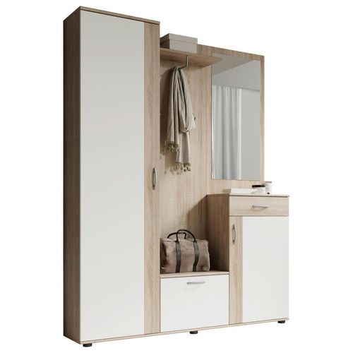 Garderobe , Weiß, Sonoma Eiche , Holzwerkstoff , 6-teilig , 1 Schubladen , 145x188x30 cm , Garderobe, Garderoben-Sets & Serien, Garderoben-Sets