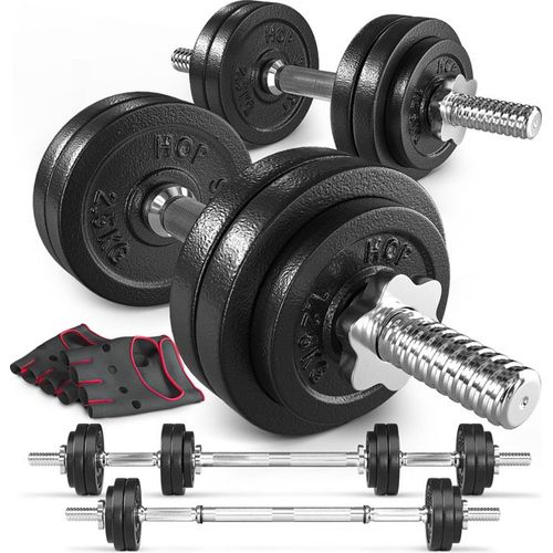 Hop-Sport 2in1 Kurzhanteln & Langhantel Set - Gusseisen Hanteln Set 30 kg mit Verbindungsrohr - inkl. Trainingshandschuhe