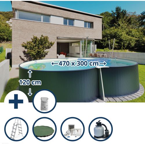 Stahlwandpool Set (6-teilig) achtform 470x300x120cm, Stahl 0,4mm anthrazit, Folie 0,4mm sand, Einh.