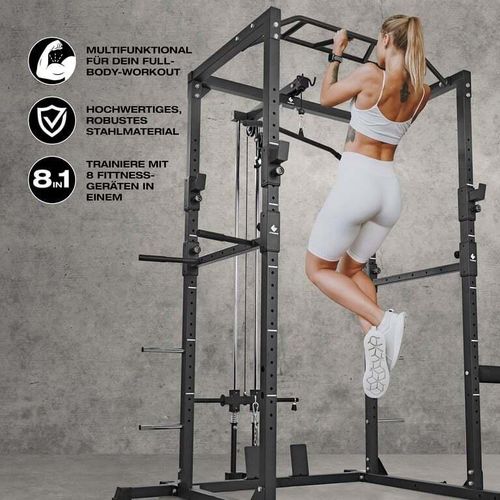 FitEngine Power Rack Power Cage mit Latzug Kabelzug Dip-Station + Klimmzugstange Variabel einstellbare Spotter Langhantel Fitnessstation Multigym