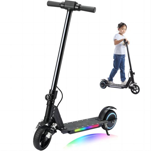 Elektroscooter S5 Schwarz Für Kinder mit bunten LED-Lichtern und Federdämpfung, Klappbar Elektroroller Max. Geschwindigkeit 14KM/H, Max. Belastung 70KG, E Roller Geschenk für Kinder und Jugendliche