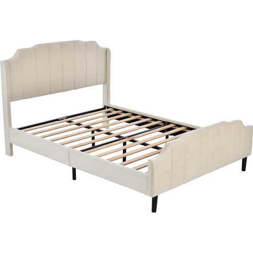 Beige 140x200cm Polsterbett Bettrahmen mit Kopfteil, Fußteil und Lattenrost Samt gepolstertes Doppelbett Jugendbett Gästebett