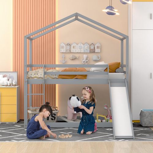 Kinderbett Grau 90x200cm mit Rutsche Lattenrost,Massivholz mit Rutsche Hausbett Holzbett (ohne Matratze)