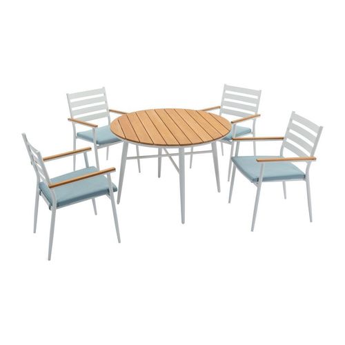 Garten-Essgruppe: Tisch D. 110 cm + 4 Sessel - Holz & Aluminium - Weiß & Holzfarben hell - MIAMI von MYLIA