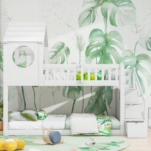 Kinderbett Baumhaus 90x200 cm (Ohne Matratze) Leiterschrank Ins und aus dem Bett kommen Doppelbett Hausform Kiefernholz Haus Kinderbett Weiß