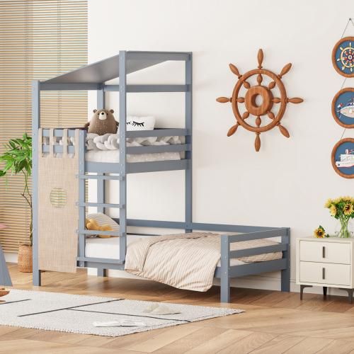 Kinderbett Etagenbett 90x200 cm (Ohne Matratze) mit Lattenrost Dachdesign mit Dach Premium Massivholzbett Grau