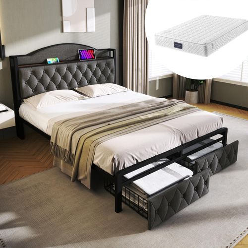 Doppelbett 140x200cm Polsterbett (Mit Matratze) Grau Leinen Mit USB Typ C Ladefunktion und Schubladen Stauraumbetten Mit Lattenrost aus Metallrahmen