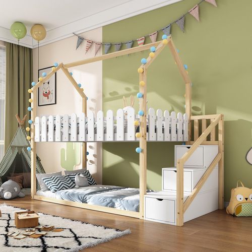 Kinderbett Etagenbett 90x200 cm (Ohne Matratze) mit 3 Ablagefächer mit 3 Treppen mit Zaundekor massivholz Weiß+Natur
