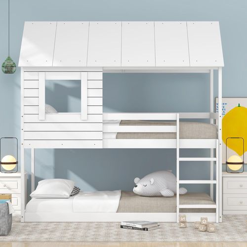 Kinderbett 90x200 cm (Ohne Matratze) mit Dach Leiter und Lattenrost Weiß Kiefernholz Etagenbett Kinder hausbett
