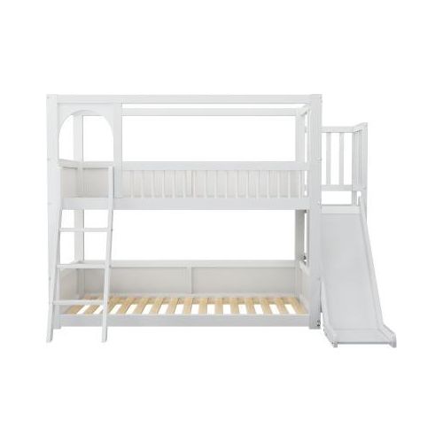 Kinderbett 90x200cm Etagenbett£ohne Matratze£©Weiss Doppelbett Multifunktionsbett Hausbett Mit Sicherheitsgelaender Mit Regalen Rutsche und Leiter