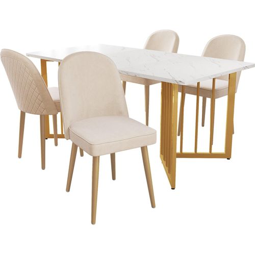 Esstisch- und Stuhlset Beige Tischbeine aus Metall Esszimmerstuhl 4 cremefarbenen mit klassischer Rueckenlehne Zuhausestuhl und Restaurantstuhl