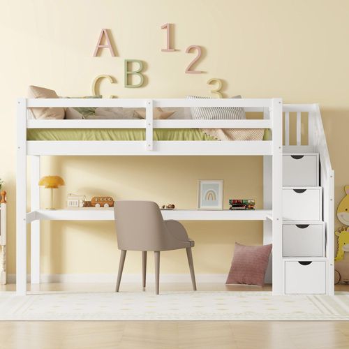 Kinderbett 90x200cm Hochbett (ohne Matratze) mit Schubladen und Unterbett Schreibtisch Lagertreppen und Sicherheitsgelaender Weiss Kiefernholz