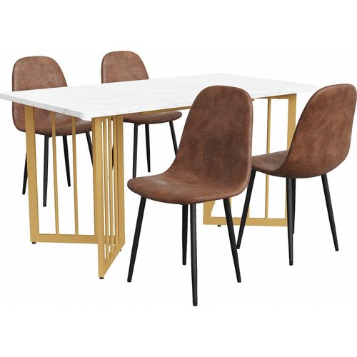 Essgruppe (5-tlg) Esstisch mit 4 Stuehlen Kuechentisch Set Esszimmerstuhl mit Rueckenlehne Beine aus Metall Braun Leinen V-foermig Golden Tischbeine