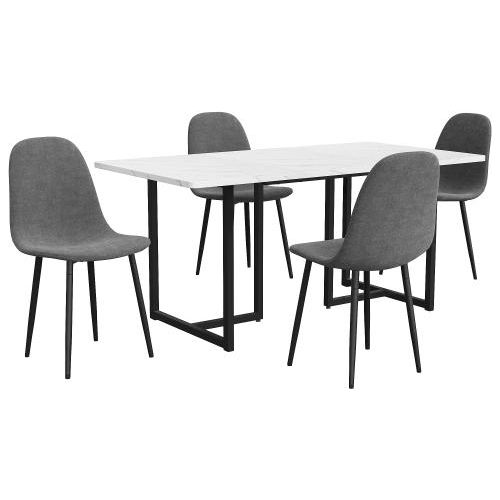 Essgruppe (5-tlg) Esstisch mit 4 Stuehlen Kuechentisch Set Esszimmerstuhl mit Rueckenlehne Beine aus Metall Graue Leinen L-foermig Schwarz Tischbeine