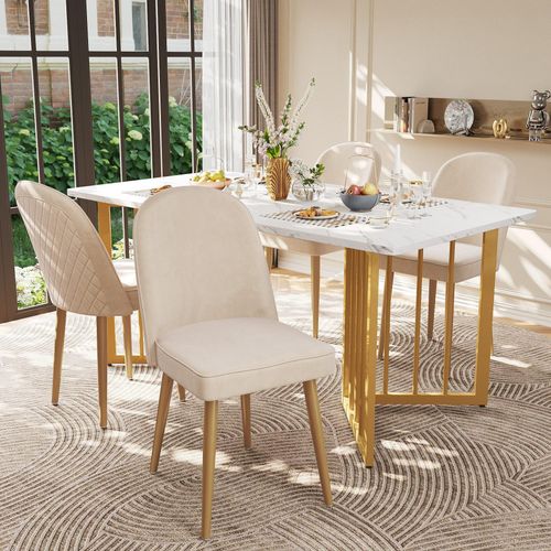 Modern Esstisch- und Stuhlset Tischbeine aus Metall Esszimmerstuehlen 4 cremefarbenen mit klassischer Rueckenlehne geeignet fuer Zuhause und Restaurant