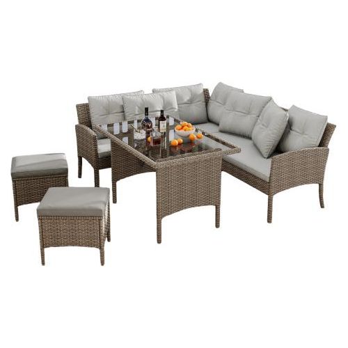 Sitzgruppe Esstisch 195 x 144 x 78 cm Khaki Poly Rattan Lounge Gartenmoebel Sitzgarnitur Garten-Garnitur Set Gartenlounge 7 Personen Sofa Tisch