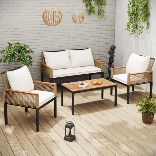 Sitzgruppe 109x67x75 cm Beige Gartenmoebel-Set Outdoor Tische und Stuehle Rattan-Optik Gartenlounge-Set mit bequemem Kissen Doppelsofa 2 Sessel Tisch