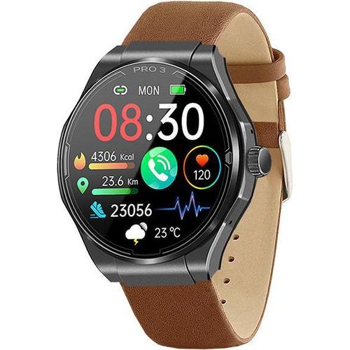 PRO 3 (2024) Smartwatch: Stilvolles Echtleder-Armband in Braun, Rundes Edelstahlgehäuse in Schwarz – Eleganz und Technik vereint!