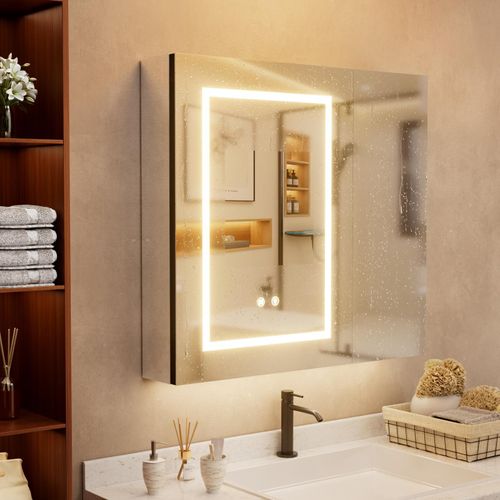 Badezimmerspiegelschrank mit 3-farbige dimmbare LED & IP67 Doppeltüren und 3 Regalböden IP44 Badezimmer-Schutzklasse, 75×70×13 cm (B×H×T)