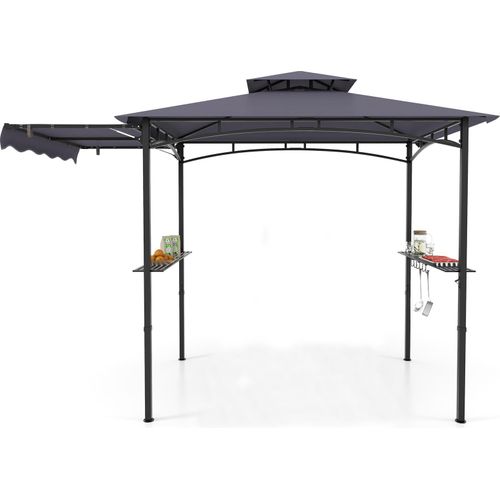GOPLUS Grillpavillon, Grill Pavillon mit Seitenmarkise, Doppeldach, 2 Ablagen, 6 Haken & Flaschenöffner,326x153x250 cm (Dunkel Grau)