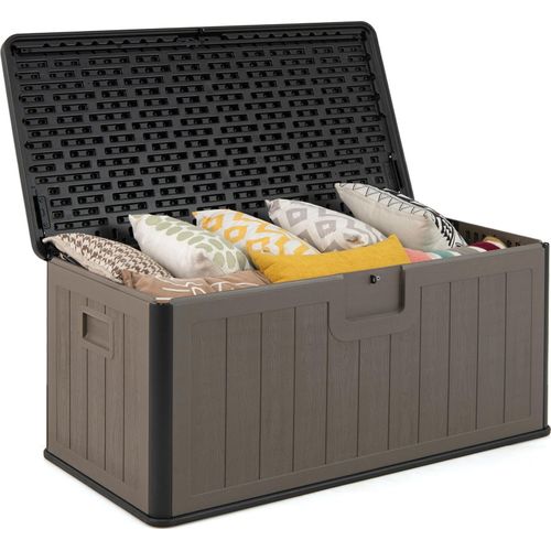 COSTWAY Gartenbox 378L, Auflagenbox wasserdicht mit abschließbarem Deckel, Aufbewahrungsbox für Kissen & Gartengeräte, Kissenbox Outdoor Schwarz Braun