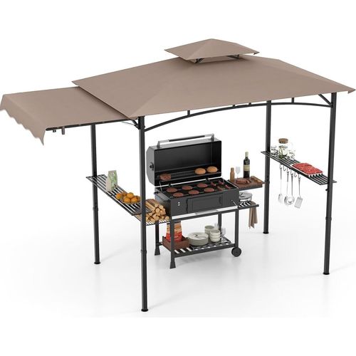 GOPLUS Grillpavillon, Grill Pavillon mit Seitenmarkise, Doppeldach, 2 Ablagen, 6 Haken & Flaschenöffner, 326x153x250 cm (Braun)