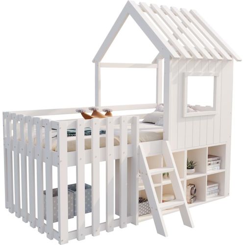 Kinderbett Hausbett 90x200, mit Dach und Fenster, mit offenem Stauraum, mit Kletterleiter, Massivholz-Kinderetagenbett ohne Matratze, weiß