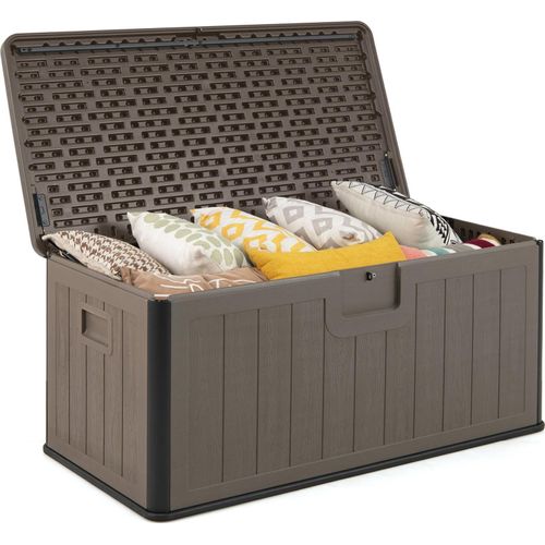 COSTWAY Gartenbox 378L, Auflagenbox wasserdicht mit abschließbarem Deckel, Aufbewahrungsbox für Kissen & Gartengeräte, Kissenbox Outdoor Braun