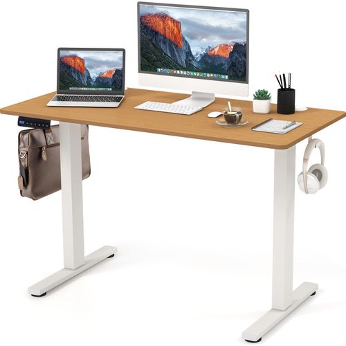 Elektrischer Stehschreibtisch, 120 x 60 cm große höhenverstellbare Arbeitsstation mit 3 Höhenoptionen, 2 Haken & 2 Kabelführungslöchern