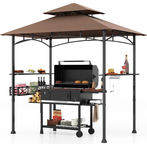 Goplus 242 x 153 cm Outdoor Grill Pavillon, Doppelstöckiges BBQ-Partyzelt mit 2 Seitenregalen, 20 Haken, Flaschenöffner & Aufbewahrungskorb, Braun