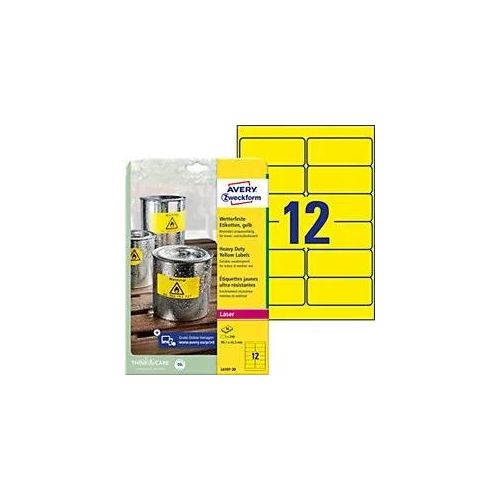AVERY Zweckform L6107-20 Wetterfeste Etiketten DIN A4 Gelb 99,1 x 42,3 mm 20 Blatt à 12 Etiketten Image