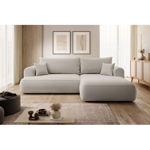 Selsey Ovo - Ecksofa mit Schlaffunktion, Bettkasten, Ottomane rechts, Easy-Clean-Veloursbezug in Cremeweiß