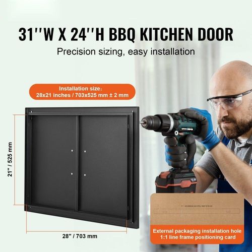 Grill-Zugangstür, 788x610x46 mm, Außenküchentür - Doppelt, Kaltplattentür - Montage Flächenbündig, Wandtür - Vertikal - Mit Griffen - Für Grillinsel, Grillstation, Außenschrank