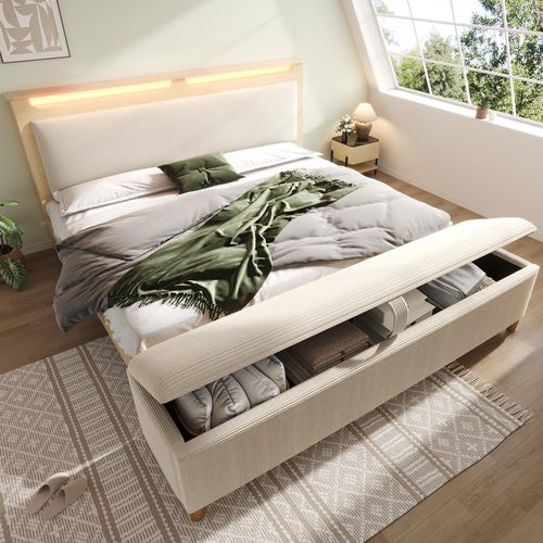 MODFU Holzbett 140×200 mit Stauraum,Jugendbett mit Cordpolster-Rückenlehne,Doppelbett Bettgestell mit LED-Beleuchtung und Bettbank(Ohne Matratze)