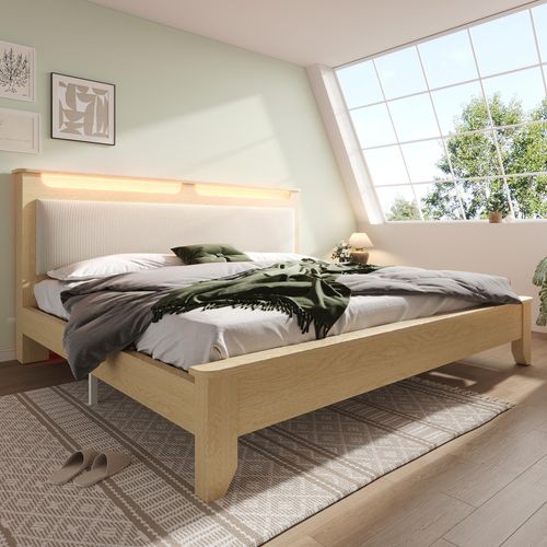 Doppelbett Holzbett 140×200cm, Kopfteil mit Stauraum, LED-Beleuchtung und Beigefarbener Cordpolster-Rückenlehne, Bettrahmen mit Holzlatten, Heller Eiche(Ohne Matratze&Bettbank)