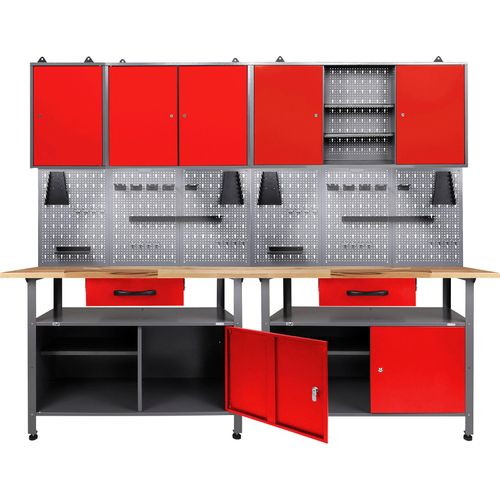 Werkstatt-Set ONDIS24, rot (anthrazit, rot), B:240cm H:205cm T:60cm, Metall, Werkbänke, 240 cm, mit 2 LED Lampen