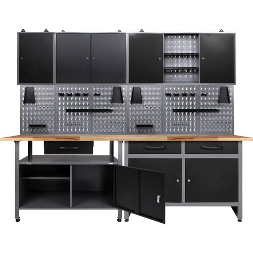 Werkstatt-Set ONDIS24, schwarz (schwarz, grau), B:240cm H:205cm T:60cm, Metall, Werkbänke, 2x Werkbank, 2x Werkzeugwand, 3x Hängeschrank