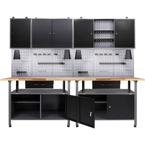 Werkstatt-Set ONDIS24, schwarz (anthrazit, schwarz, grau), B:240cm H:205cm T:60cm, Metall, Werkbänke, 240 cm, mit 2 LED Lampen