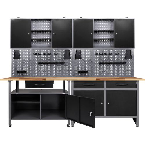 Werkstatt-Set ONDIS24, schwarz (anthrazit, schwarz, grau), B:240cm H:205cm T:60cm, Metall, Werkbänke, 2x Werkbank, 2x Werstattschrank, 2x Lochwand