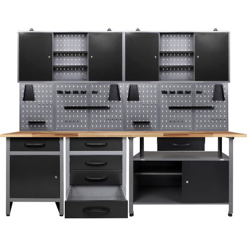 Werkstatt-Set ONDIS24, schwarz (anthrazit, schwarz, grau), B:240cm H:205cm T:60cm, Edelstahl, Werkbänke, 243 cm