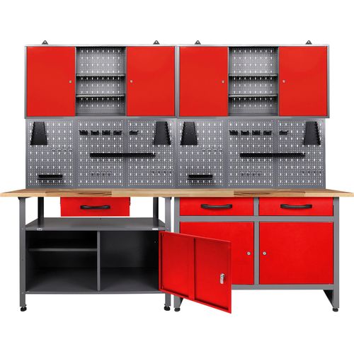 Werkstatt-Set ONDIS24, rot (anthrazit, rot), B:240cm H:205cm T:60cm, Metall, Werkbänke, 2x Werkbank, 2x Werstattschrank, 2x Lochwand
