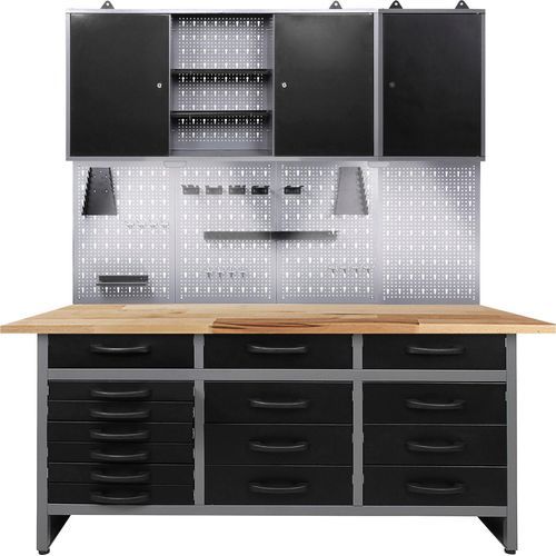 Werkstatt-Set ONDIS24, schwarz (anthrazit, schwarz, grau), B:160cm H:205cm T:60cm, Edelstahl, Werkbänke, 160 cm, mit LED