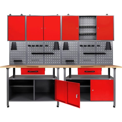 Werkstatt-Set ONDIS24, rot (anthrazit, rot), B:240cm H:205cm T:60cm, Metall, Werkbänke, 2x Werkbank, 2x Werkstattschrank, 2x Lochwand