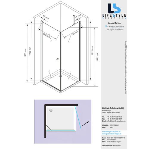 Glaszentrum Hagen - 80x80x195cm - Hades Duschabtrennung - 8mm - ESG Glas